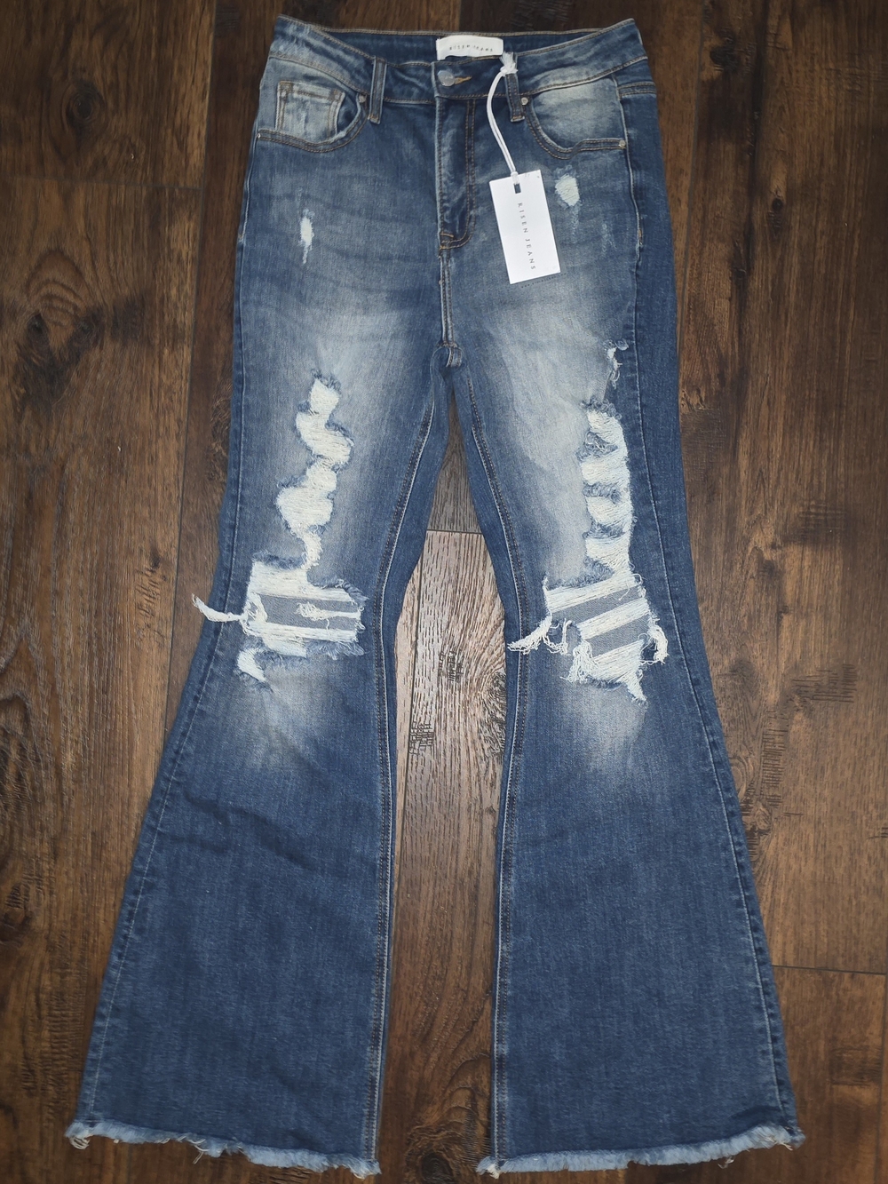 RISEN Women’s Distressed Mid-Blue Flare Jeans 9/29 NWT